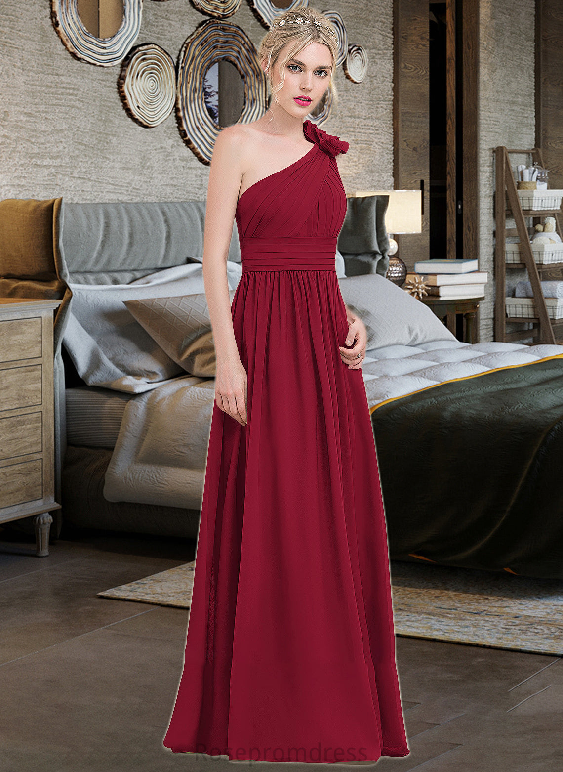Alia A-Line One-Shoulder Floor-Length Chiffon Bridesmaid Dress With Ruffle Flower(s) SRSP0013069