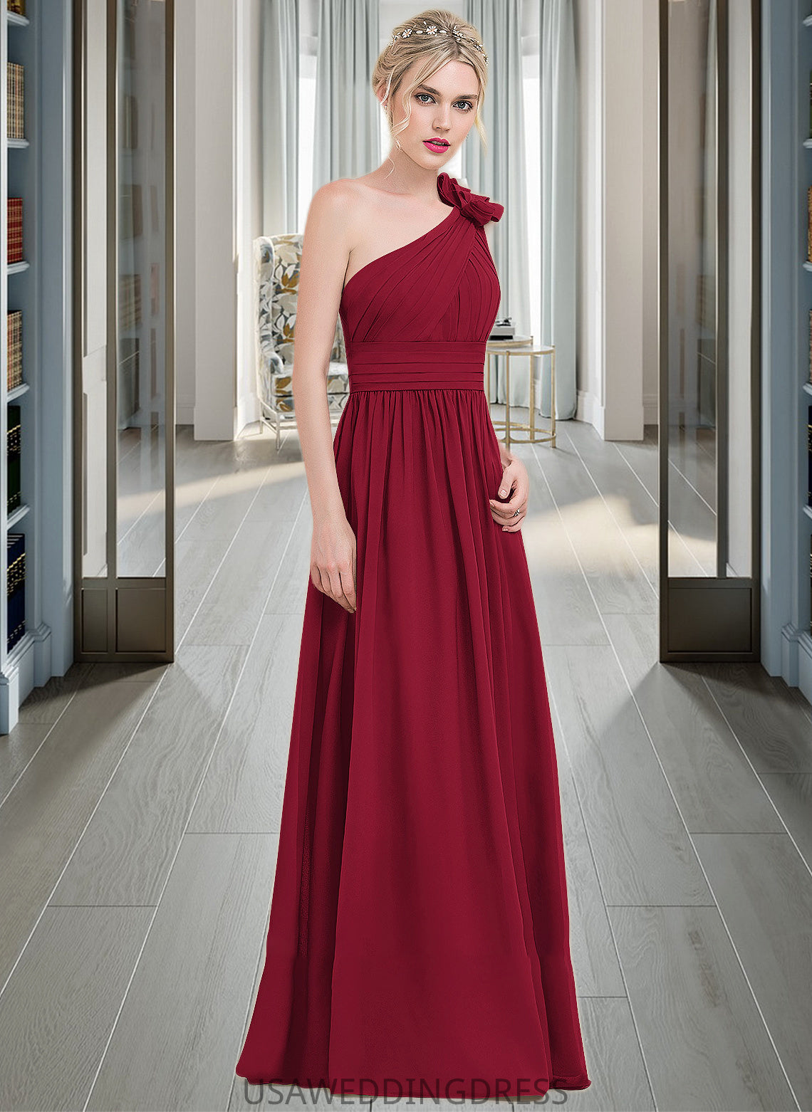 Ciara A-Line One-Shoulder Floor-Length Chiffon Bridesmaid Dress With Ruffle Flower(s) DSP0013069
