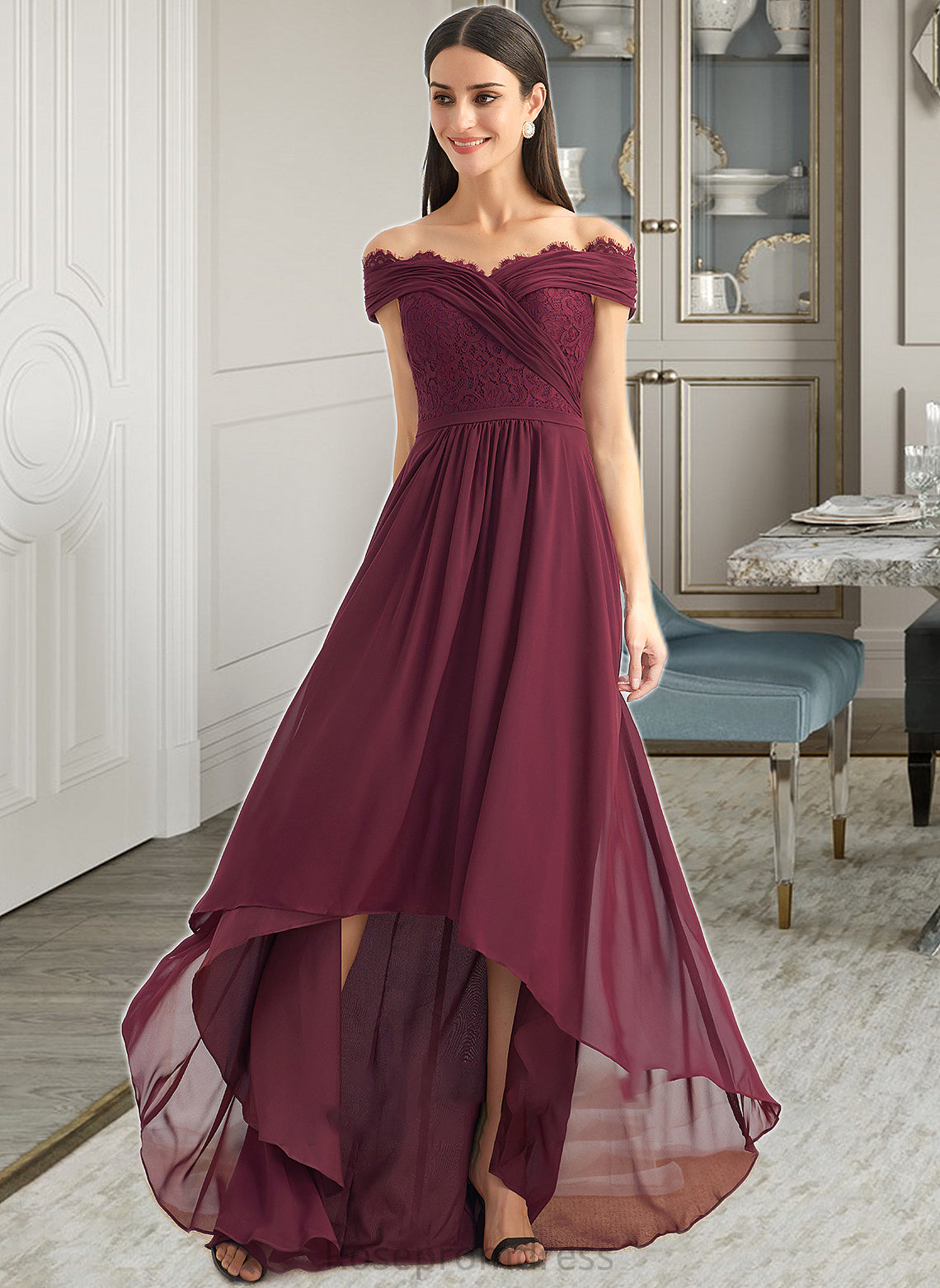 Renata A-Line Off-the-Shoulder Asymmetrical Bridesmaid Dress With Lace SRSP0013070