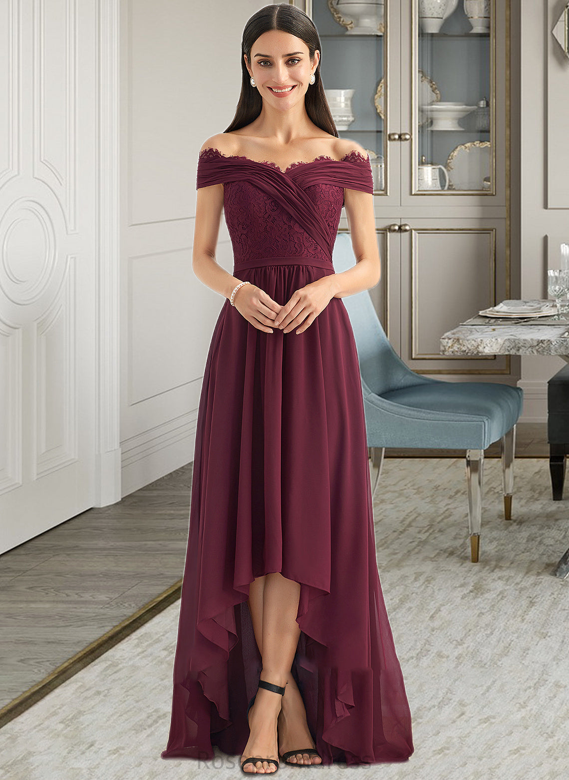 Renata A-Line Off-the-Shoulder Asymmetrical Bridesmaid Dress With Lace SRSP0013070