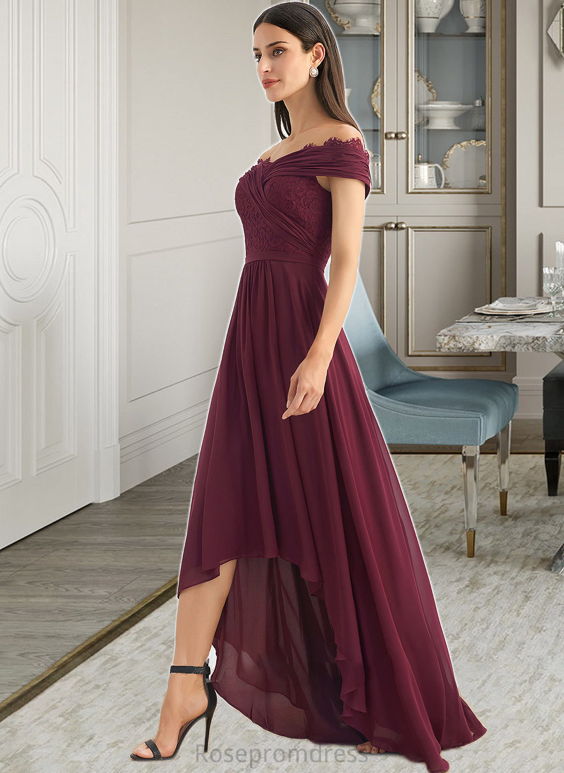 Renata A-Line Off-the-Shoulder Asymmetrical Bridesmaid Dress With Lace SRSP0013070