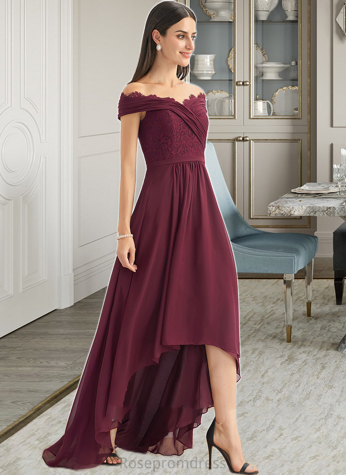 Renata A-Line Off-the-Shoulder Asymmetrical Bridesmaid Dress With Lace SRSP0013070