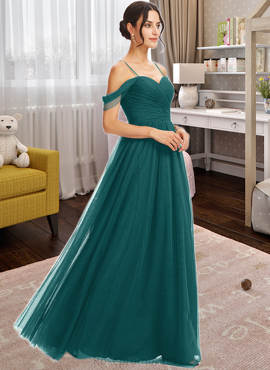 Asia A-Line V-neck Floor-Length Bridesmaid Dress With Ruffle SRSP0013072
