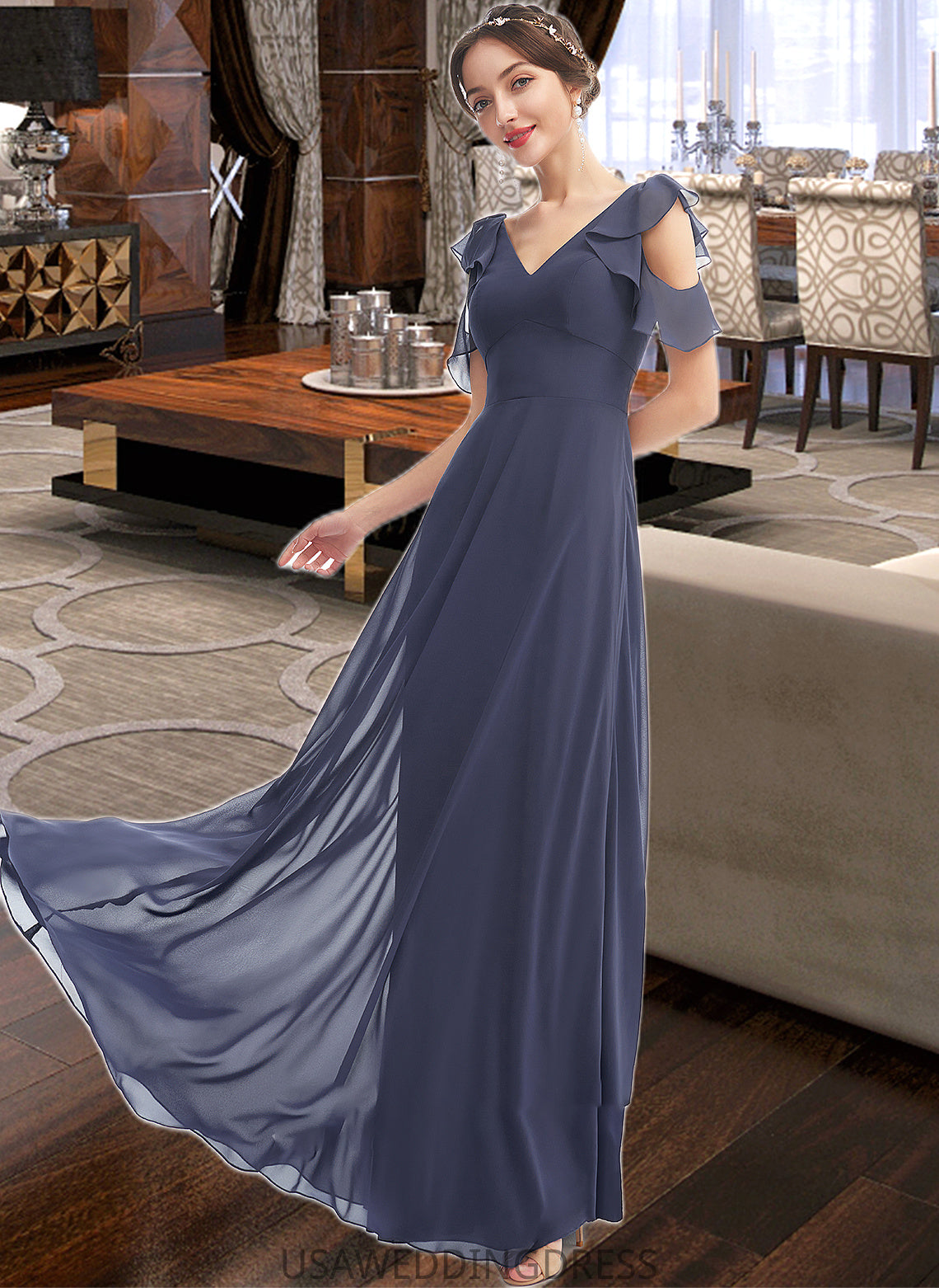 Essence A-Line V-neck Floor-Length Bridesmaid Dress With Ruffle DSP0013074