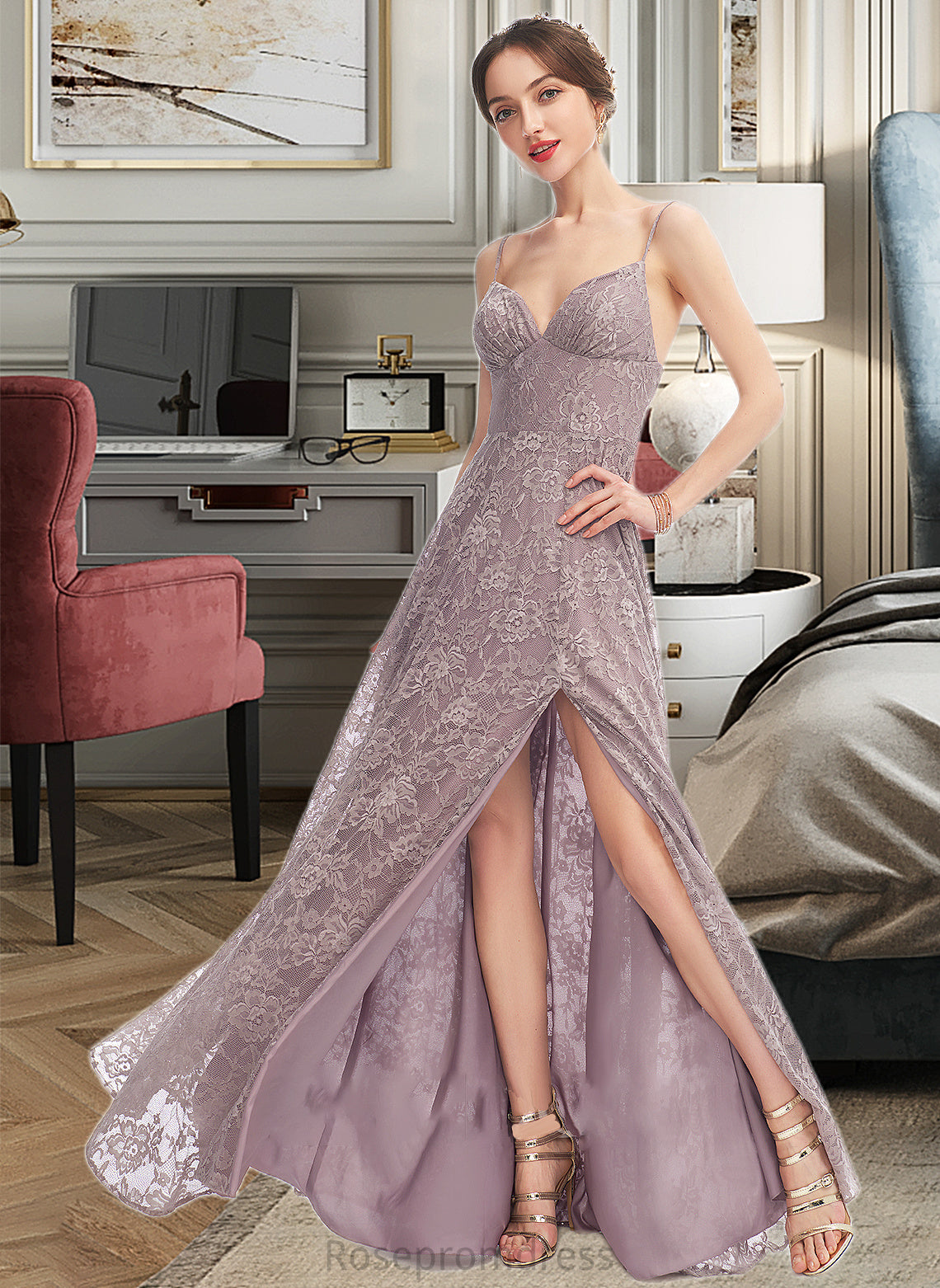 Frida A-Line V-neck Floor-Length Bridesmaid Dress With Split Front SRSP0013075