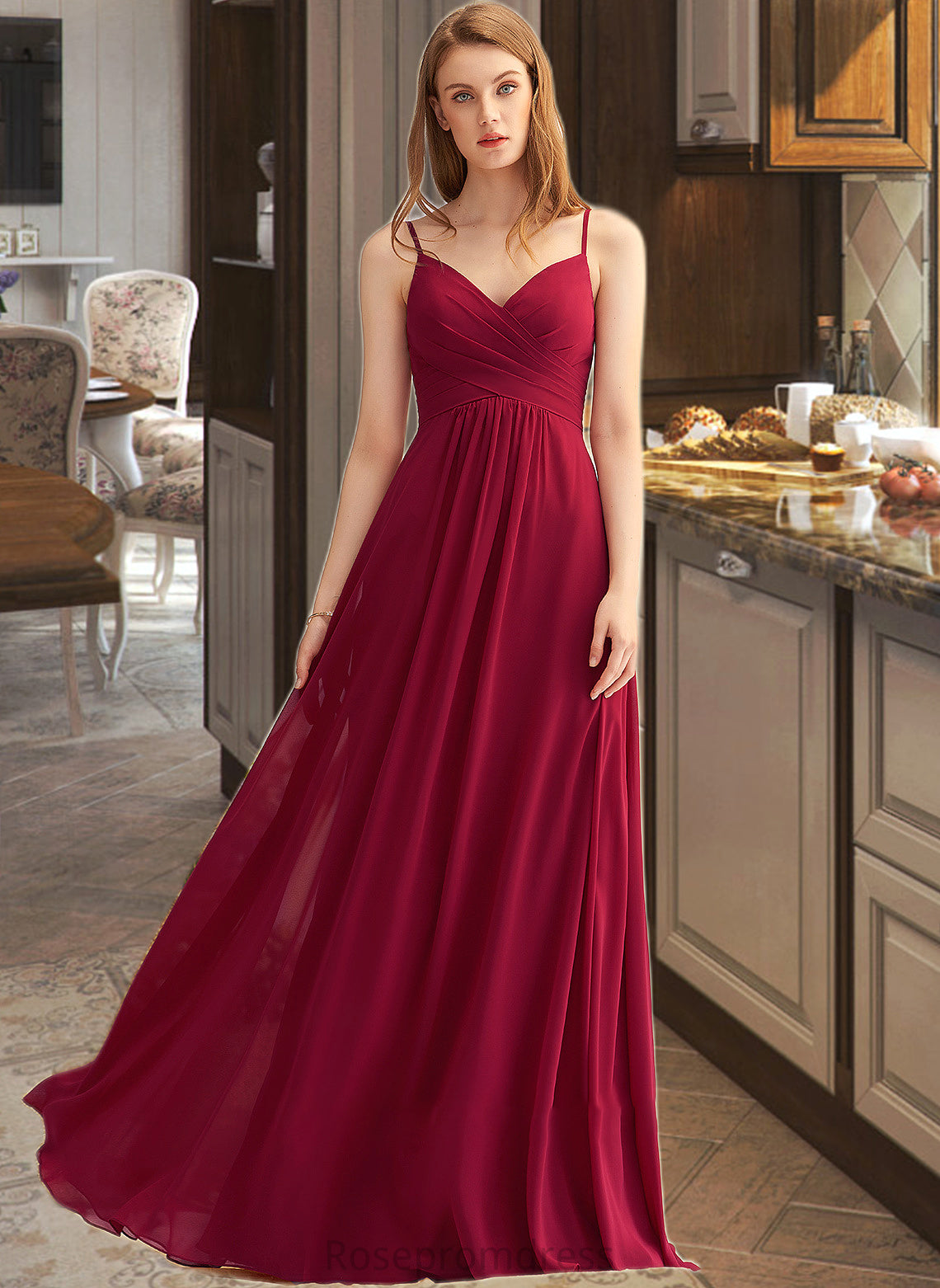 Savanah A-LineV-neckFloor-LengthChiffonBridesmaidDressWithRuffle#251386 SRSP0013076