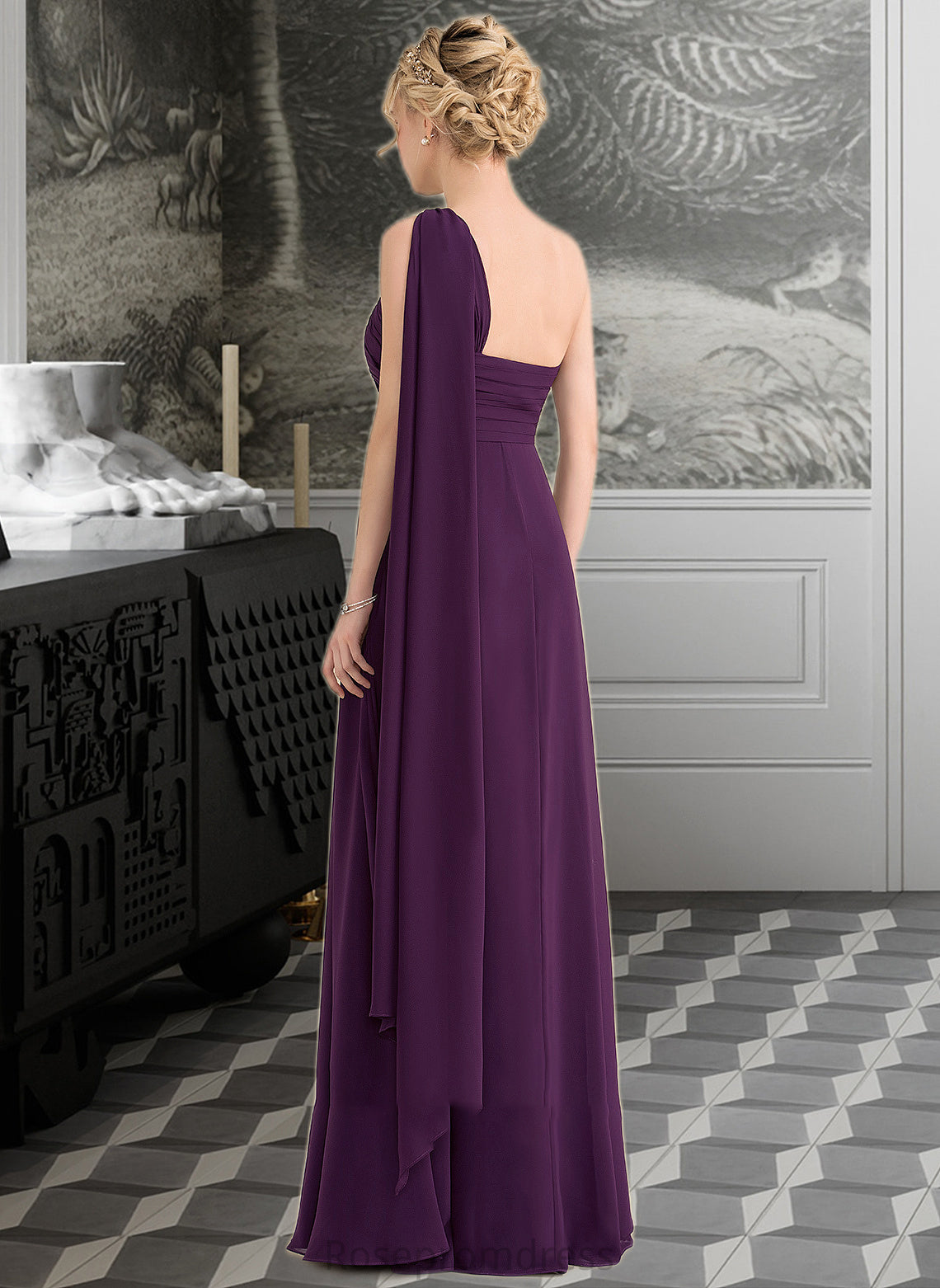 Florence A-line One Shoulder Floor-Length Chiffon Bridesmaid Dress With Ruffle SRSP0013078