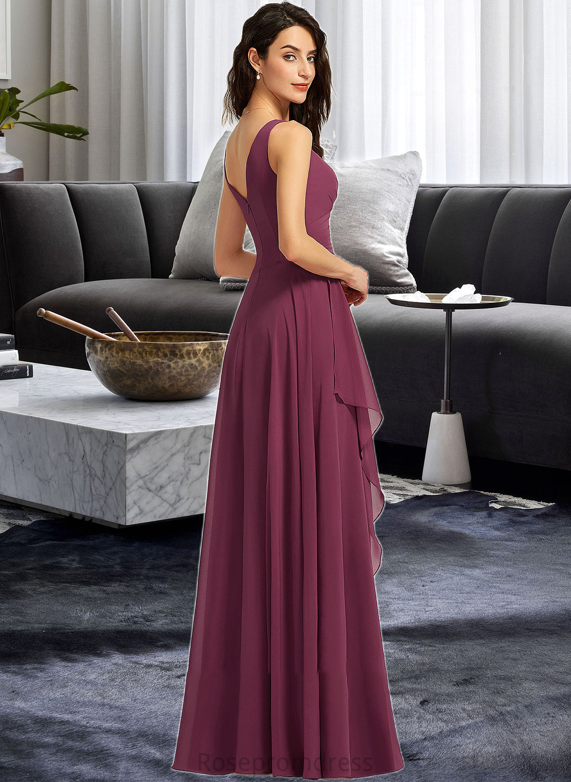 Amanda A-Line V-neck Floor-Length Bridesmaid Dress With Split Front SRSP0013085