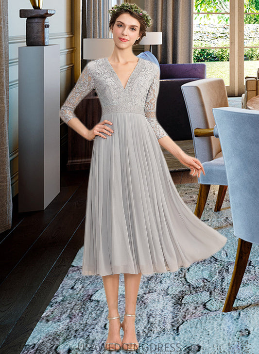 Miriam A-Line V-neck Tea-Length Chiffon Lace Bridesmaid Dress With Pleated DSP0013088