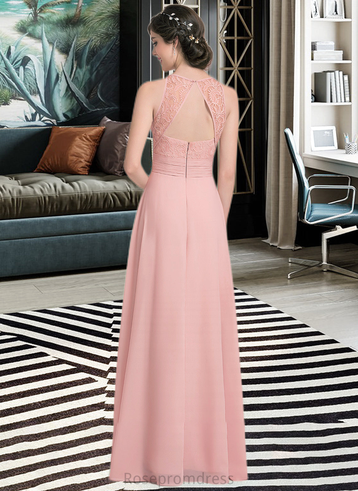 Lorelai A-Line Scoop Neck Floor-Length Chiffon Lace Bridesmaid Dress With Ruffle Split Front SRSP0013089