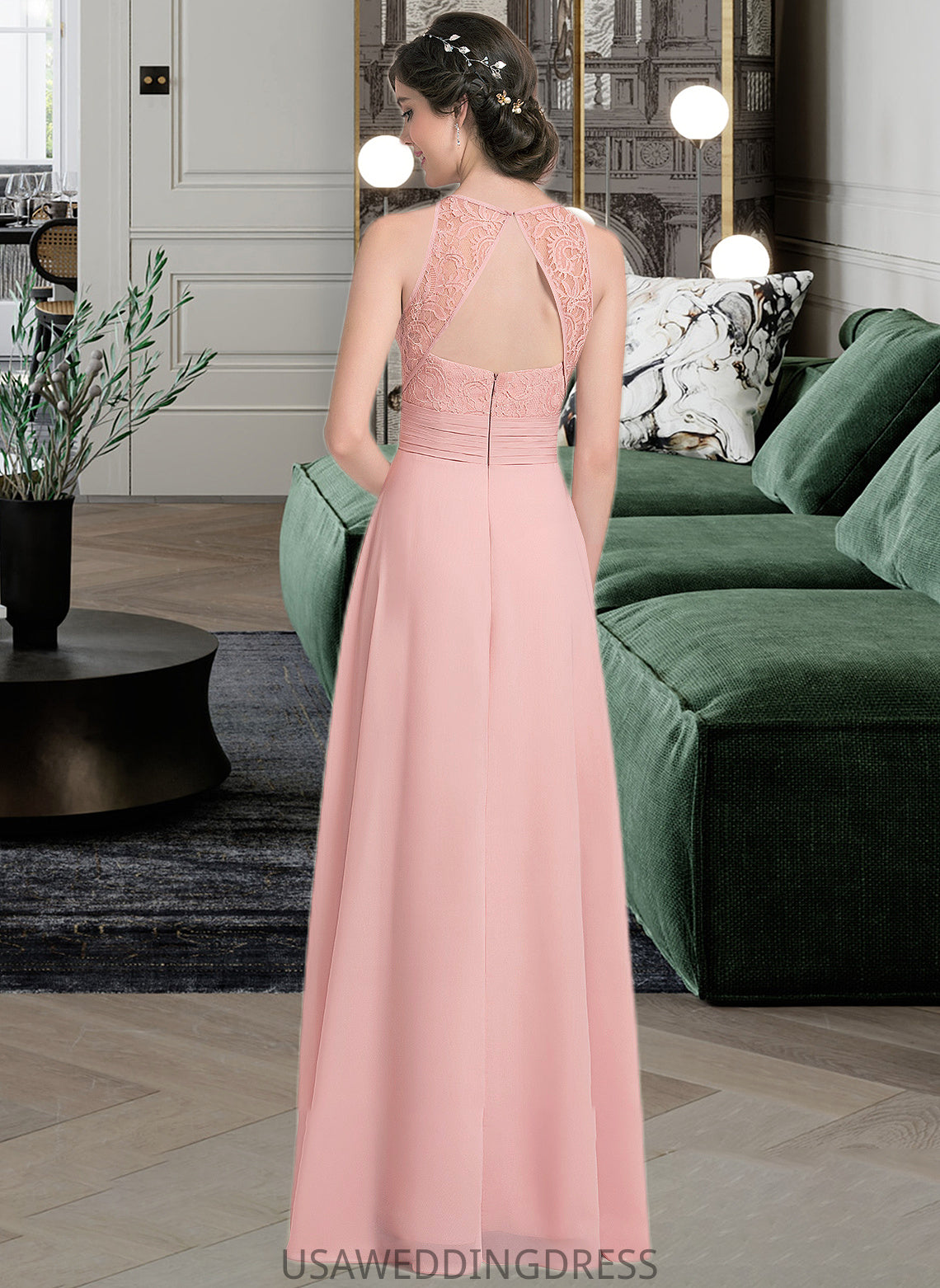 Yaretzi A-Line Scoop Neck Floor-Length Chiffon Lace Bridesmaid Dress With Ruffle Split Front DSP0013089