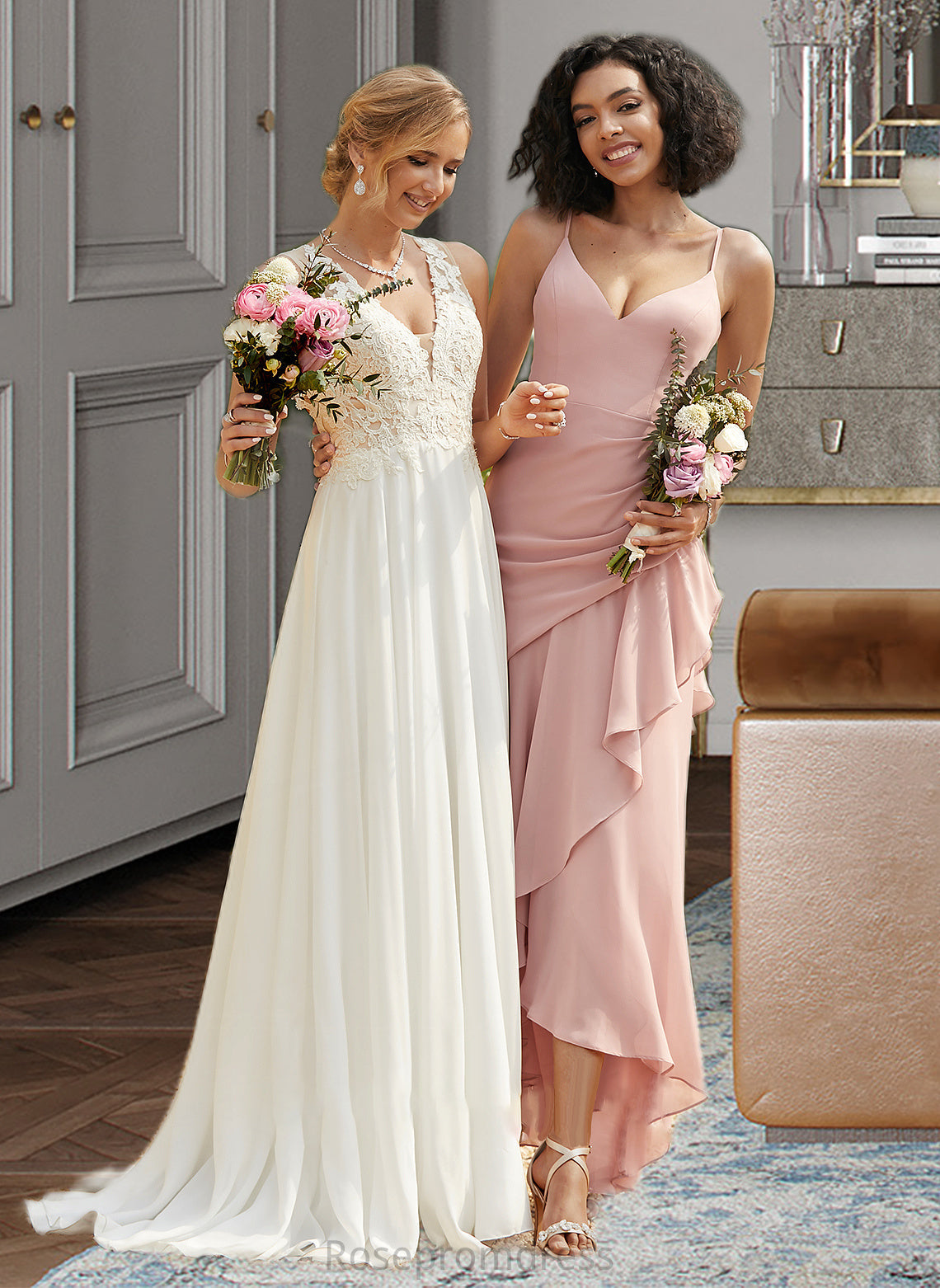 Cailyn Trumpet/Mermaid V-neck Asymmetrical Bridesmaid Dress With Ruffle SRSP0013094