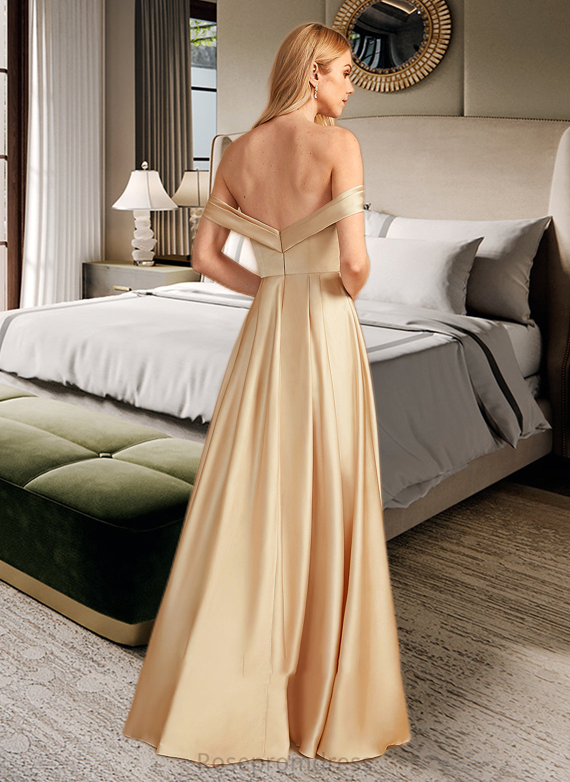Paige A-Line Off-the-Shoulder Floor-Length Bridesmaid Dress With Split Front Pockets SRSP0013095