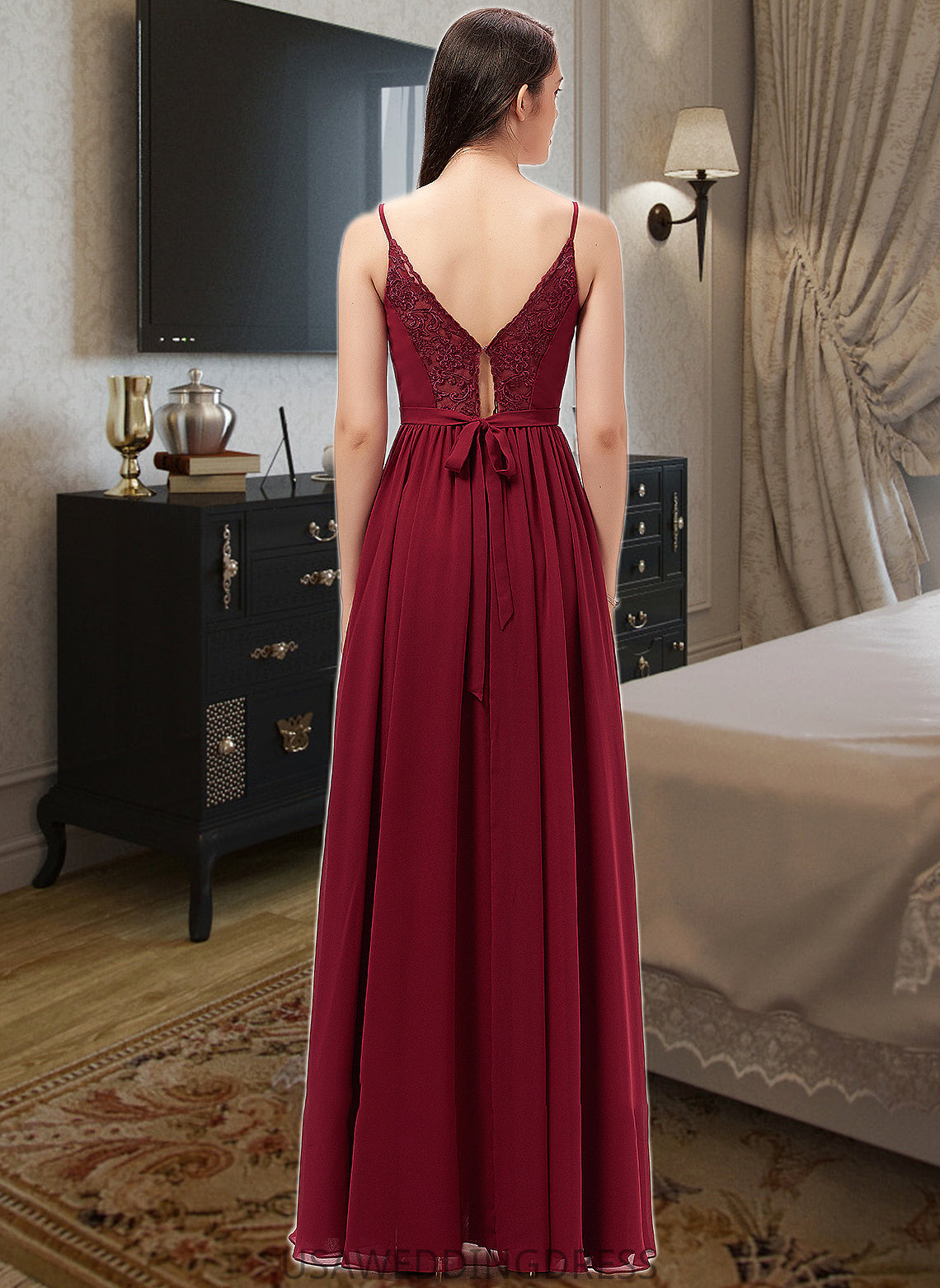 Hilda A-Line V-neck Floor-Length Chiffon Bridesmaid Dress With Ruffle Lace DSP0013098