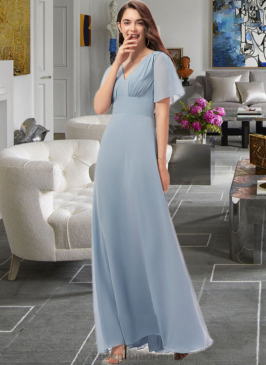 Lynn A-Line V-neck Floor-Length Chiffon Bridesmaid Dress SRSP0013099