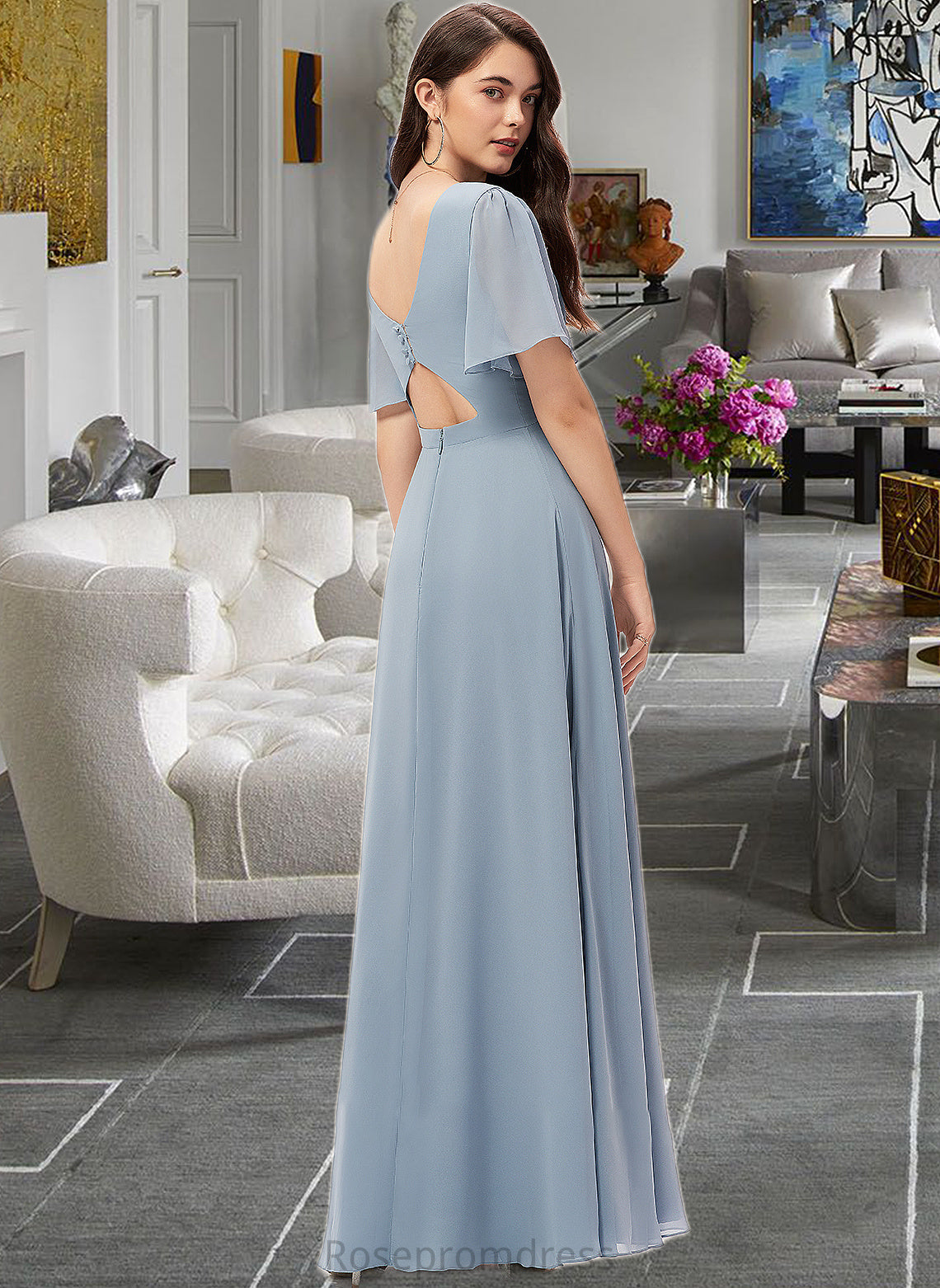 Lynn A-Line V-neck Floor-Length Chiffon Bridesmaid Dress SRSP0013099