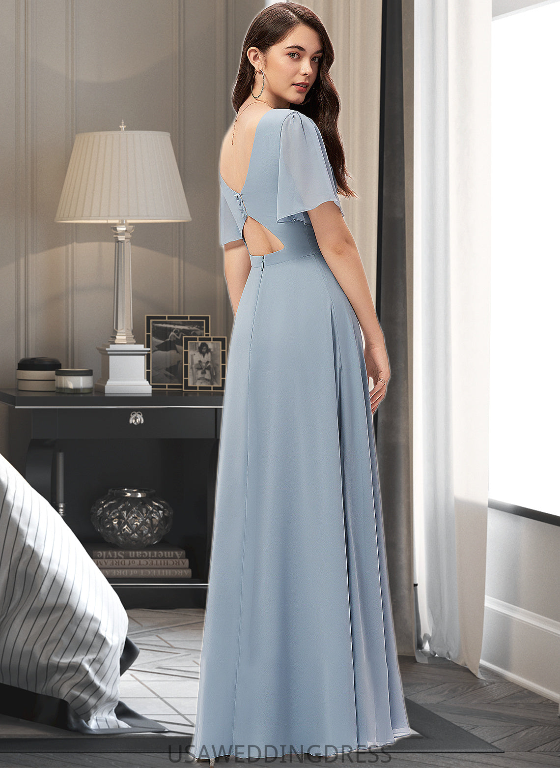 Tessa A-Line V-neck Floor-Length Chiffon Bridesmaid Dress DSP0013099