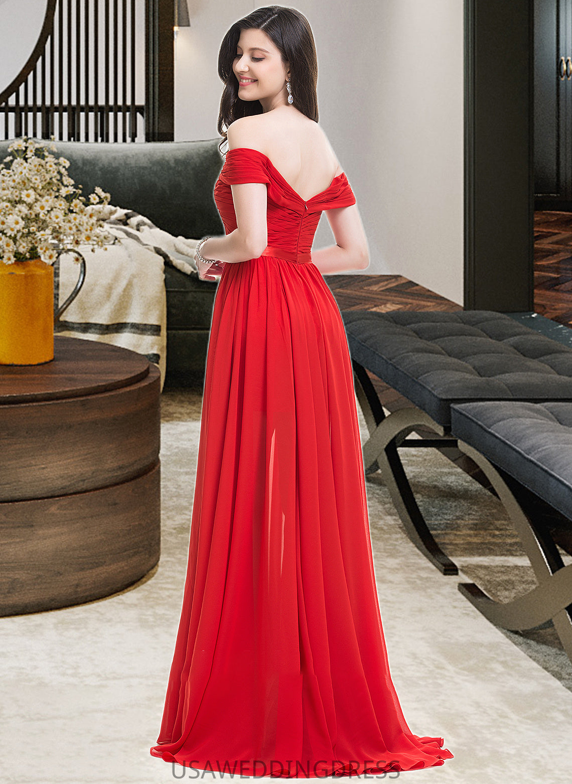Alondra A-Line Off-the-Shoulder Sweep Train Chiffon Bridesmaid Dress With Ruffle Split Front DSP0013102