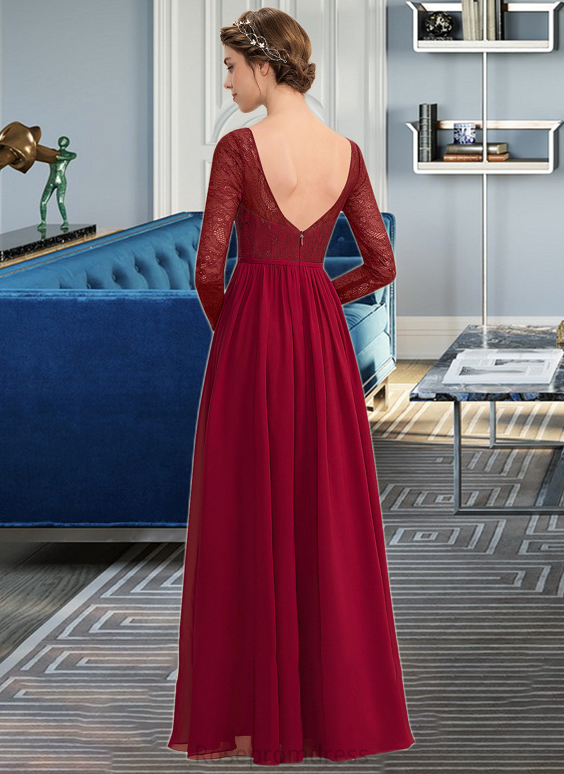 Lainey A-Line Scoop Neck Floor-Length Chiffon Lace Bridesmaid Dress SRSP0013103