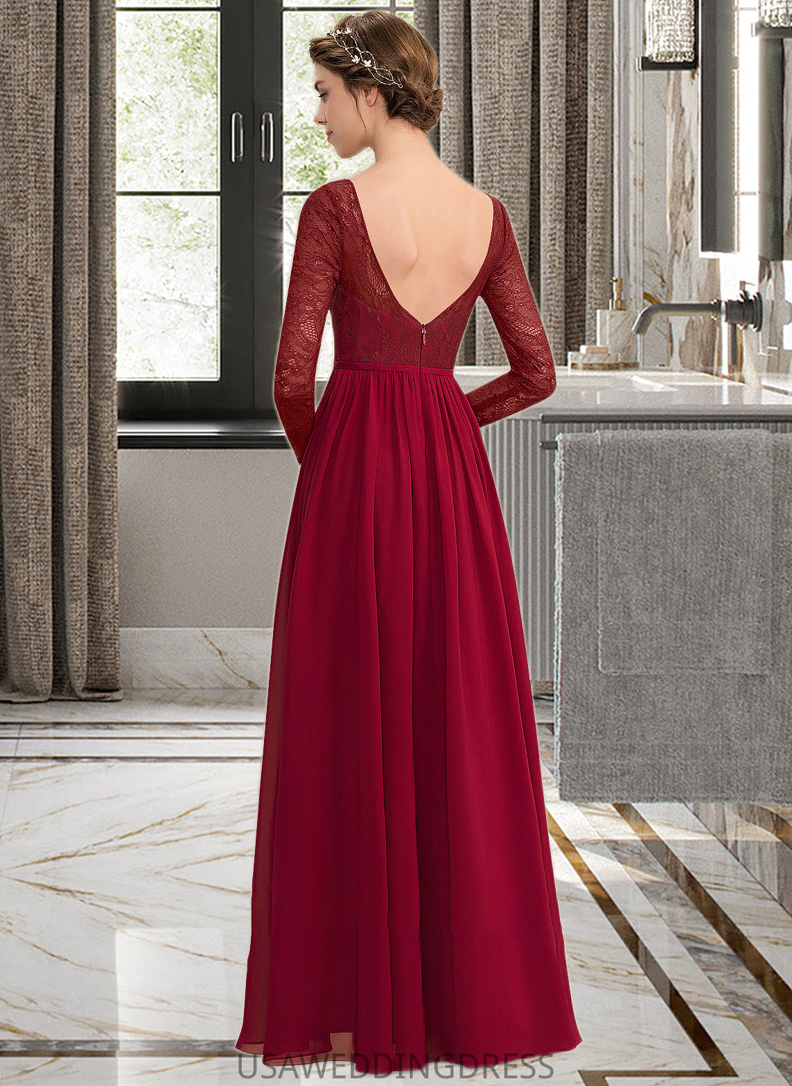 Mckayla A-Line Scoop Neck Floor-Length Chiffon Lace Bridesmaid Dress DSP0013103