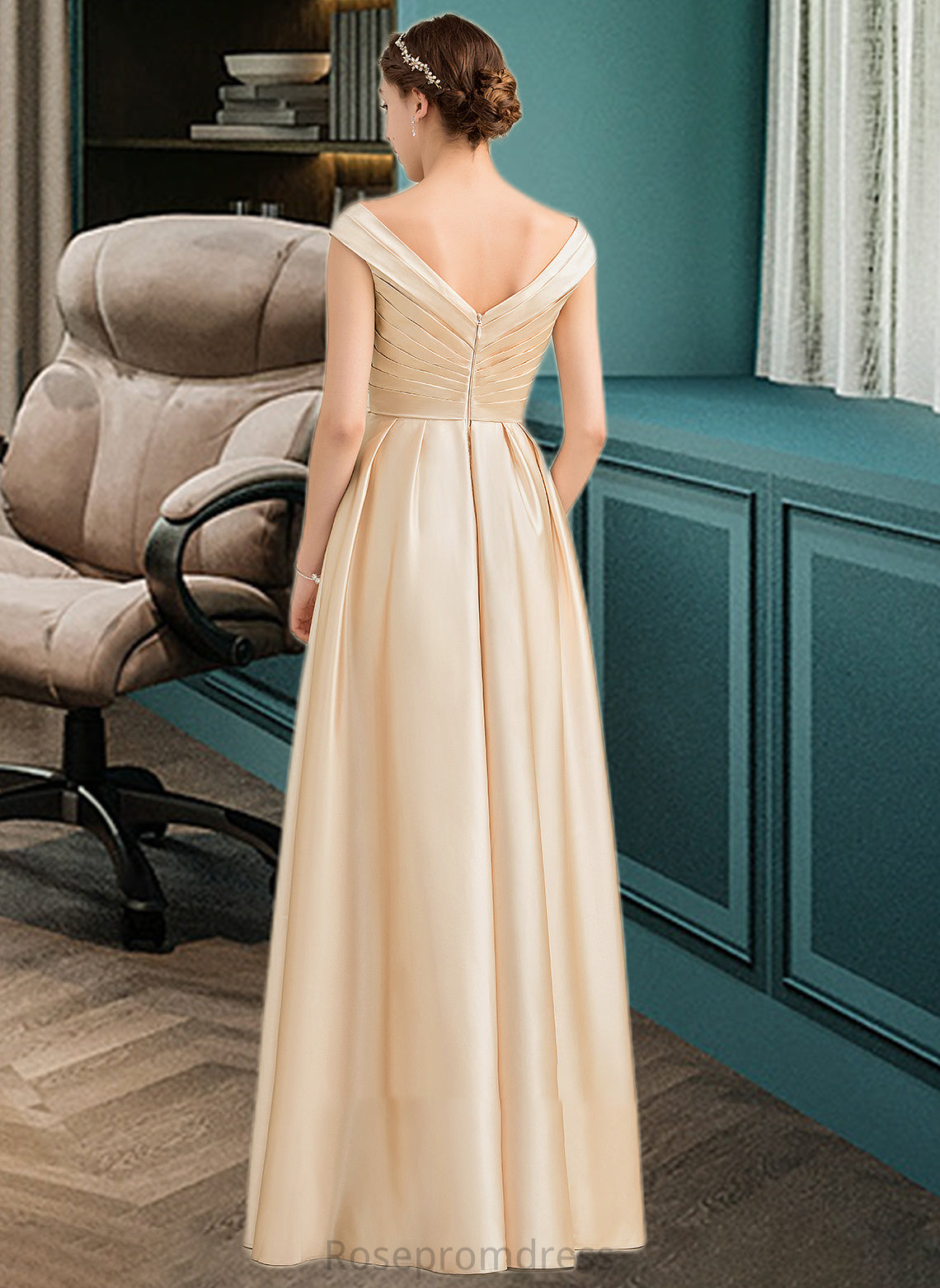 Coral A-Line Off-the-Shoulder Floor-Length Satin Bridesmaid Dress With Ruffle Pockets SRSP0013104