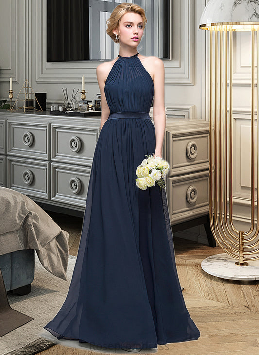 June A-Line/Princess Scoop Neck Floor-Length Chiffon Bridesmaid Dress With Ruffle SRSP0013105