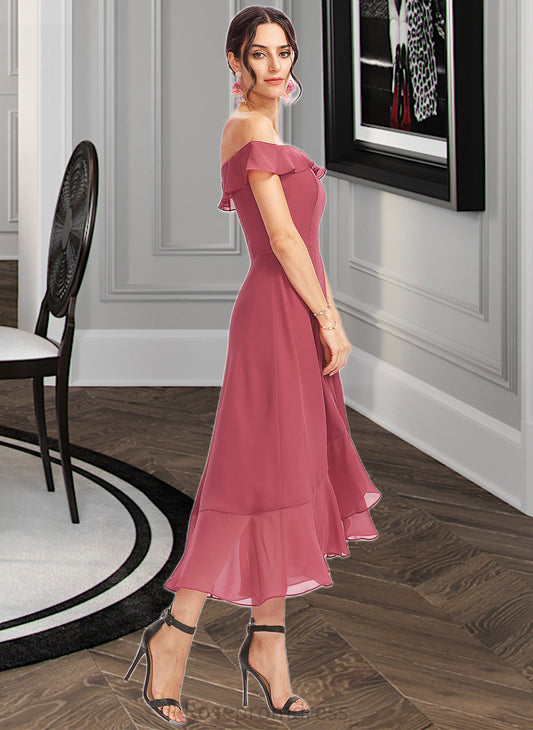 Naomi A-Line Off-the-Shoulder Tea-Length Bridesmaid Dress With Cascading Ruffles SRSP0013110