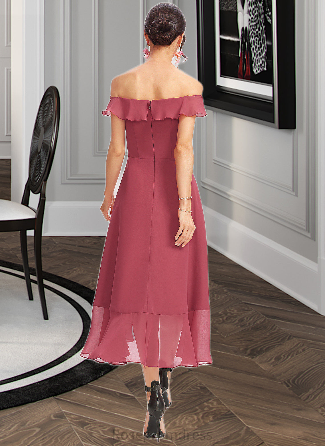 Naomi A-Line Off-the-Shoulder Tea-Length Bridesmaid Dress With Cascading Ruffles SRSP0013110