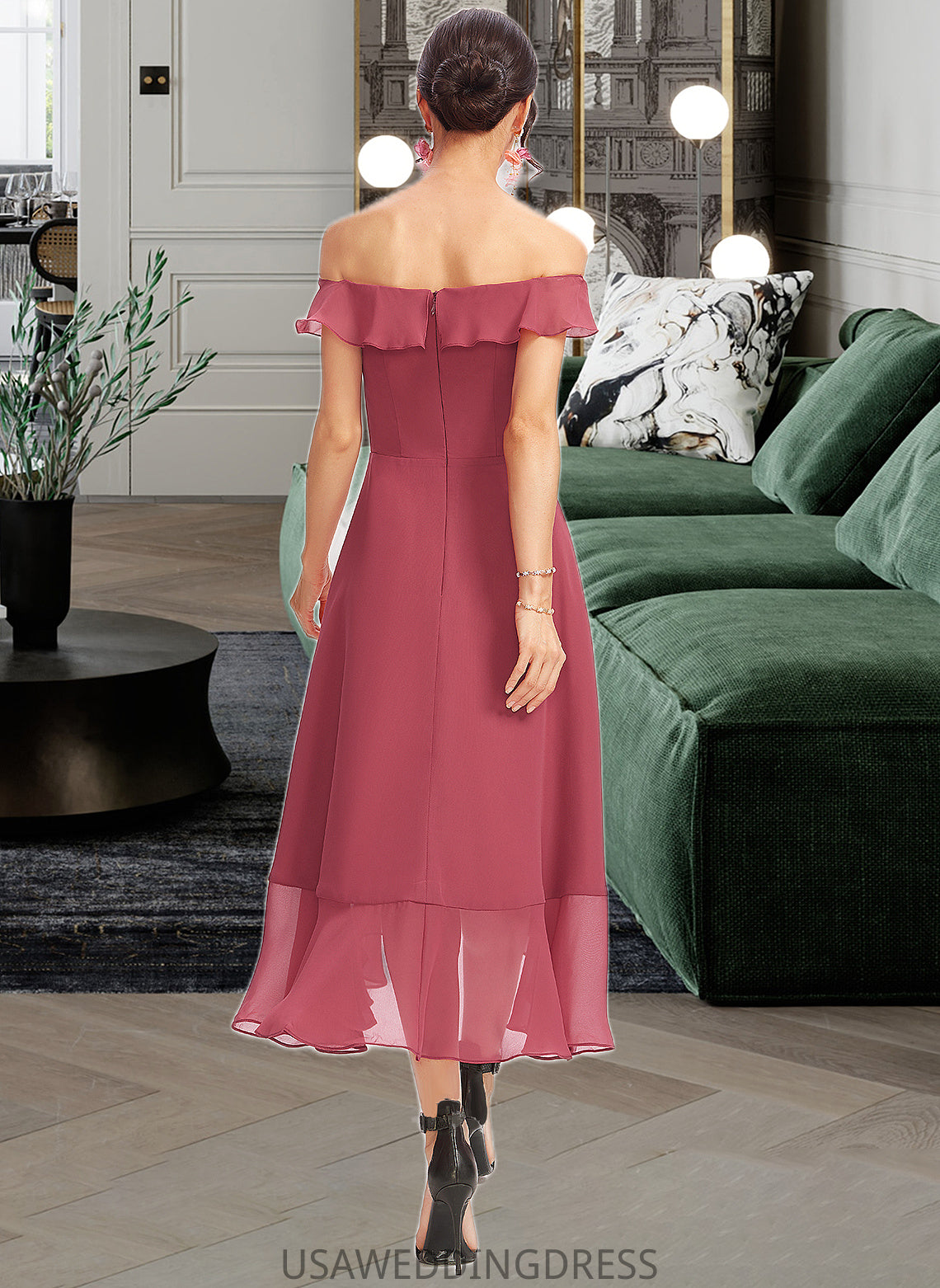 Cecelia A-Line Off-the-Shoulder Tea-Length Bridesmaid Dress With Cascading Ruffles DSP0013110