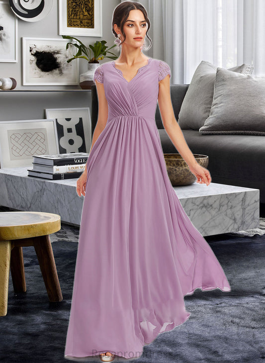 Rebecca A-Line V-neck Floor-Length Bridesmaid Dress With Lace SRSP0013111