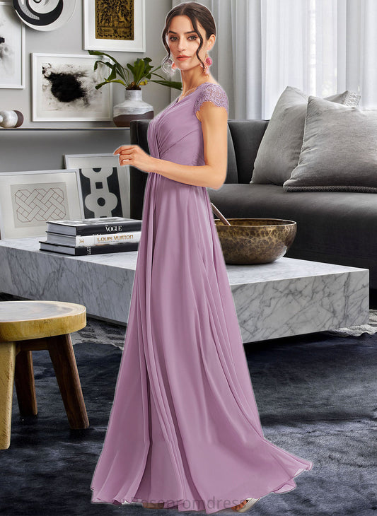 Rebecca A-Line V-neck Floor-Length Bridesmaid Dress With Lace SRSP0013111