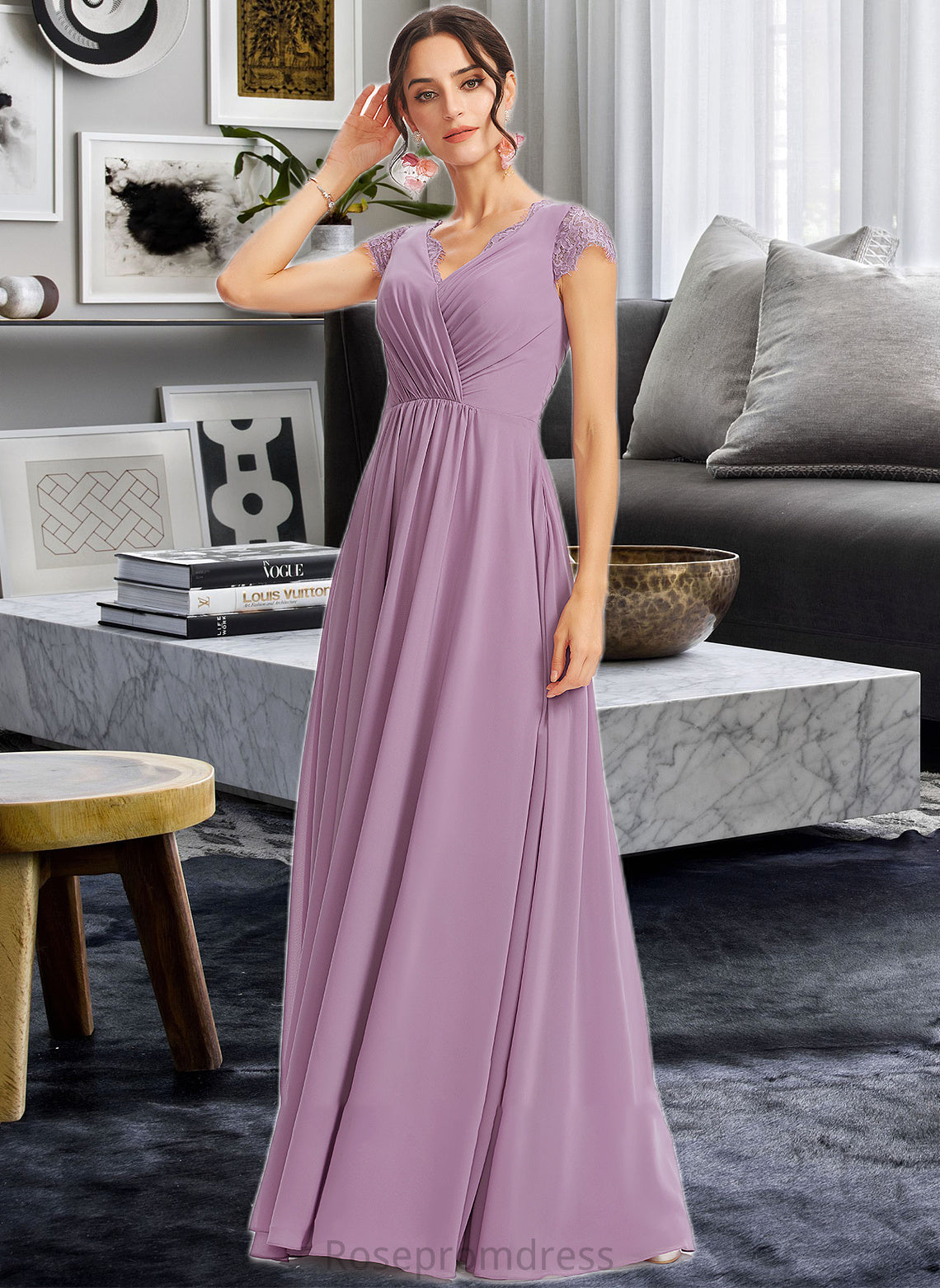 Rebecca A-Line V-neck Floor-Length Bridesmaid Dress With Lace SRSP0013111