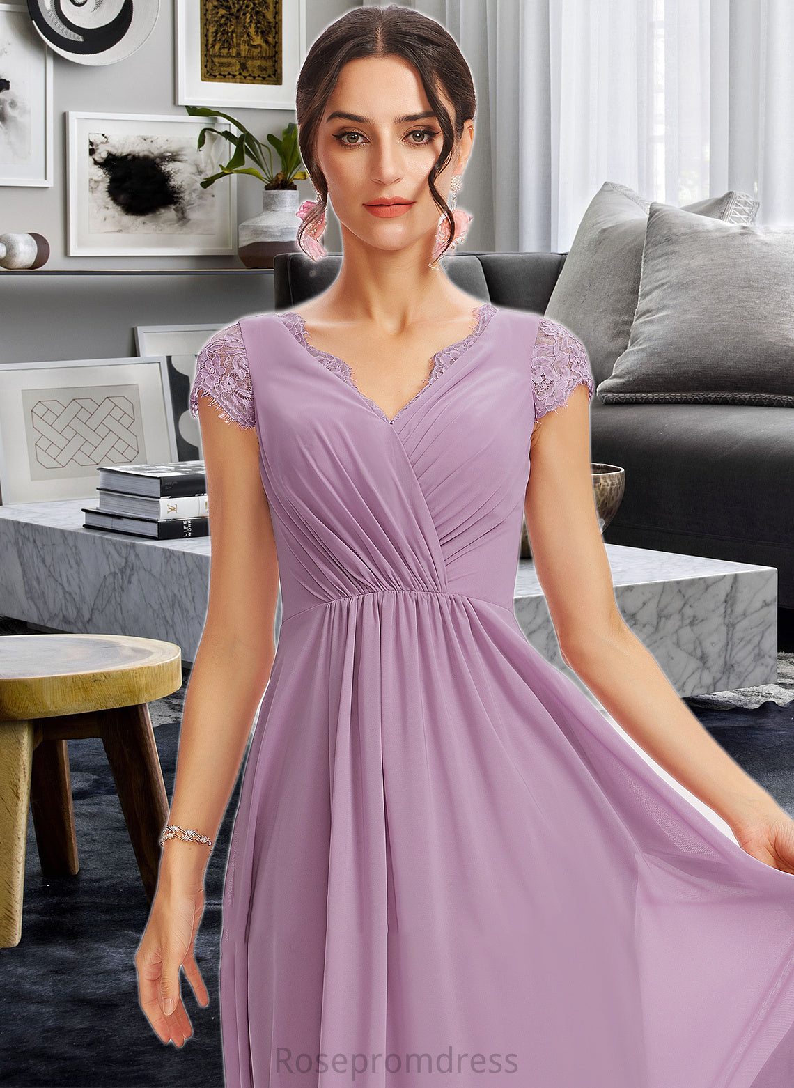 Rebecca A-Line V-neck Floor-Length Bridesmaid Dress With Lace SRSP0013111