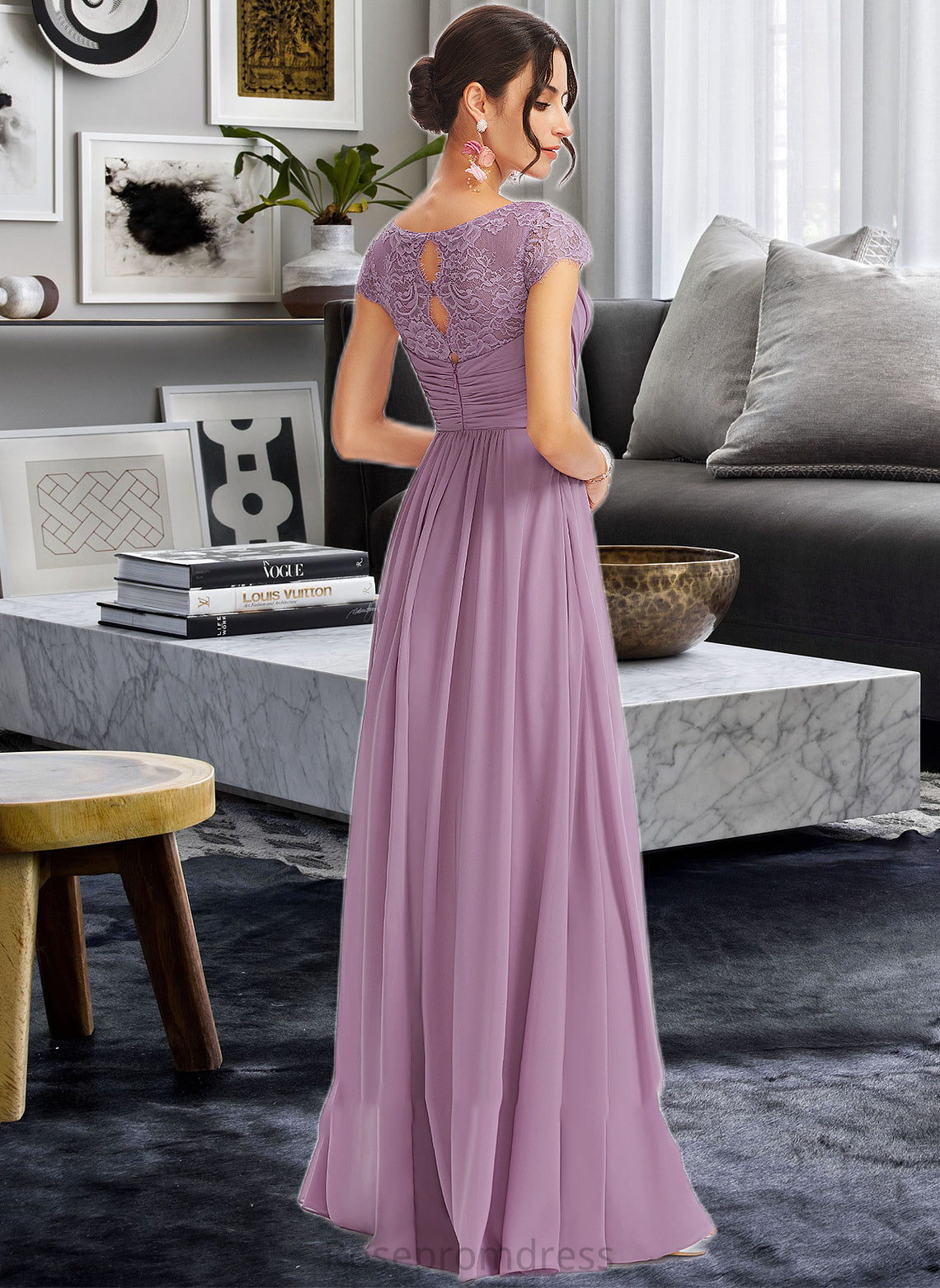 Rebecca A-Line V-neck Floor-Length Bridesmaid Dress With Lace SRSP0013111