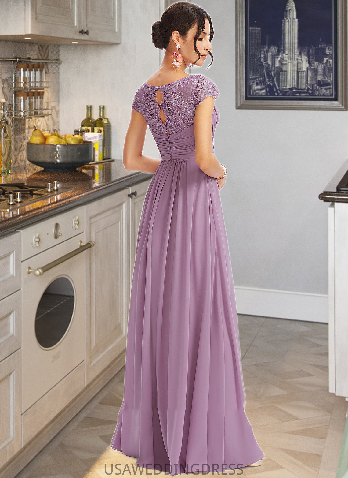 Rebekah A-Line V-neck Floor-Length Bridesmaid Dress With Lace DSP0013111