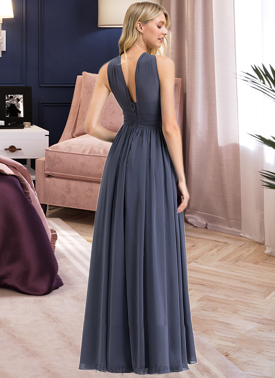 Erin A-Line V-neck Floor-Length Chiffon Bridesmaid Dress With Ruffle Split Front SRSP0013112