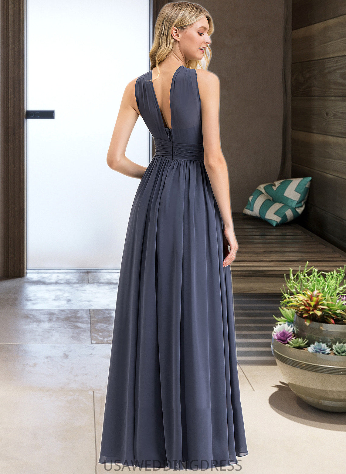 Madalynn A-Line V-neck Floor-Length Chiffon Bridesmaid Dress With Ruffle Split Front DSP0013112