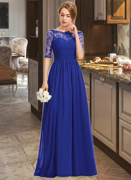 Aliana A-line Off the Shoulder Floor-Length Chiffon Lace Bridesmaid Dress With Ruffle SRSP0013113
