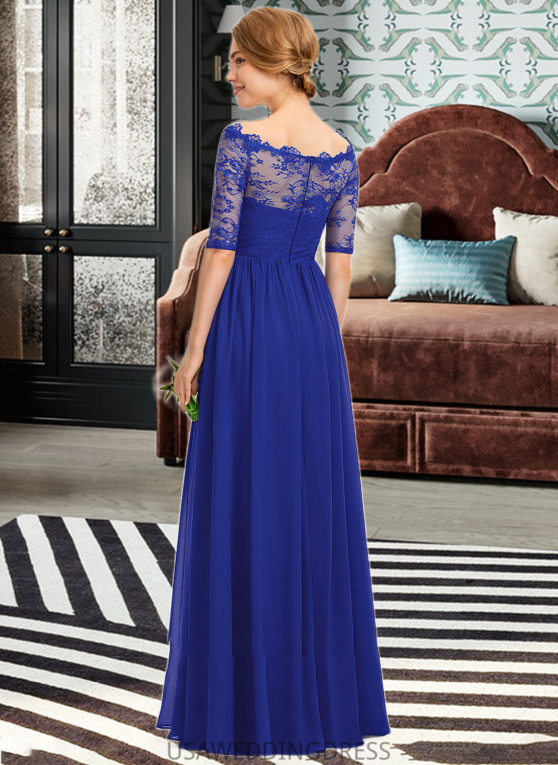 Salma A-line Off the Shoulder Floor-Length Chiffon Lace Bridesmaid Dress With Ruffle DSP0013113
