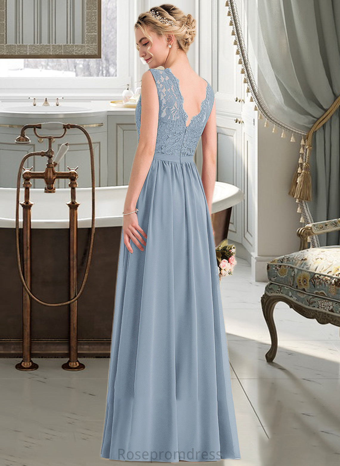Mavis A-Line Scoop Neck Floor-Length Chiffon Lace Bridesmaid Dress With Split Front SRSP0013114