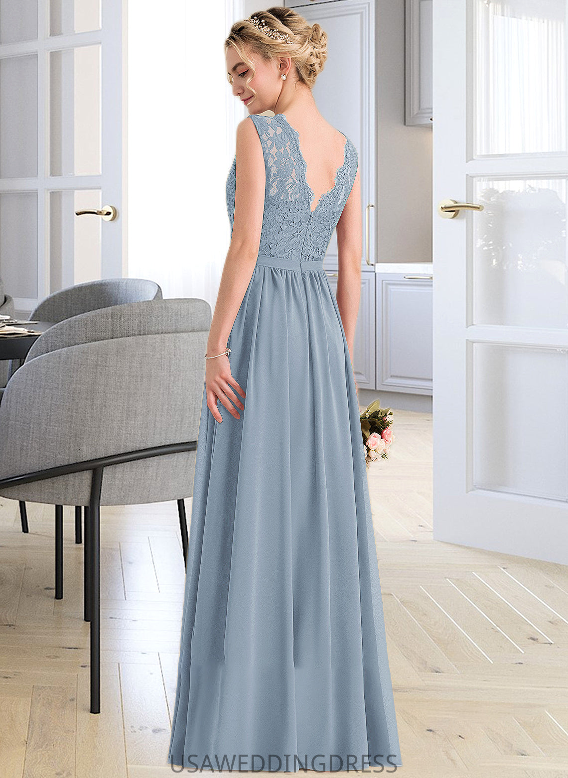 Lailah A-Line Scoop Neck Floor-Length Chiffon Lace Bridesmaid Dress With Split Front DSP0013114