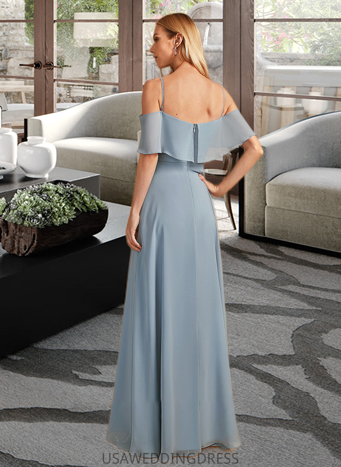 Jode A-Line Off-the-Shoulder Floor-Length Bridesmaid Dress With Ruffle Split Front DSP0013116