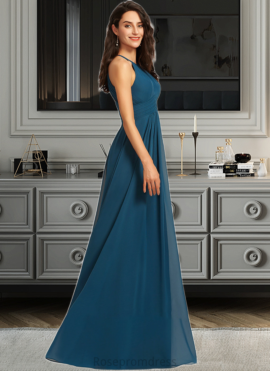 Pam A-Line Scoop Neck Floor-Length Bridesmaid Dress With Ruffle SRSP0013120