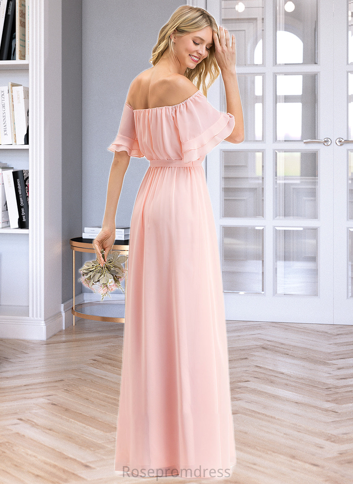 Genesis A-Line Off-the-Shoulder Floor-Length Chiffon Bridesmaid Dress With Bow(s) Cascading Ruffles SRSP0013121