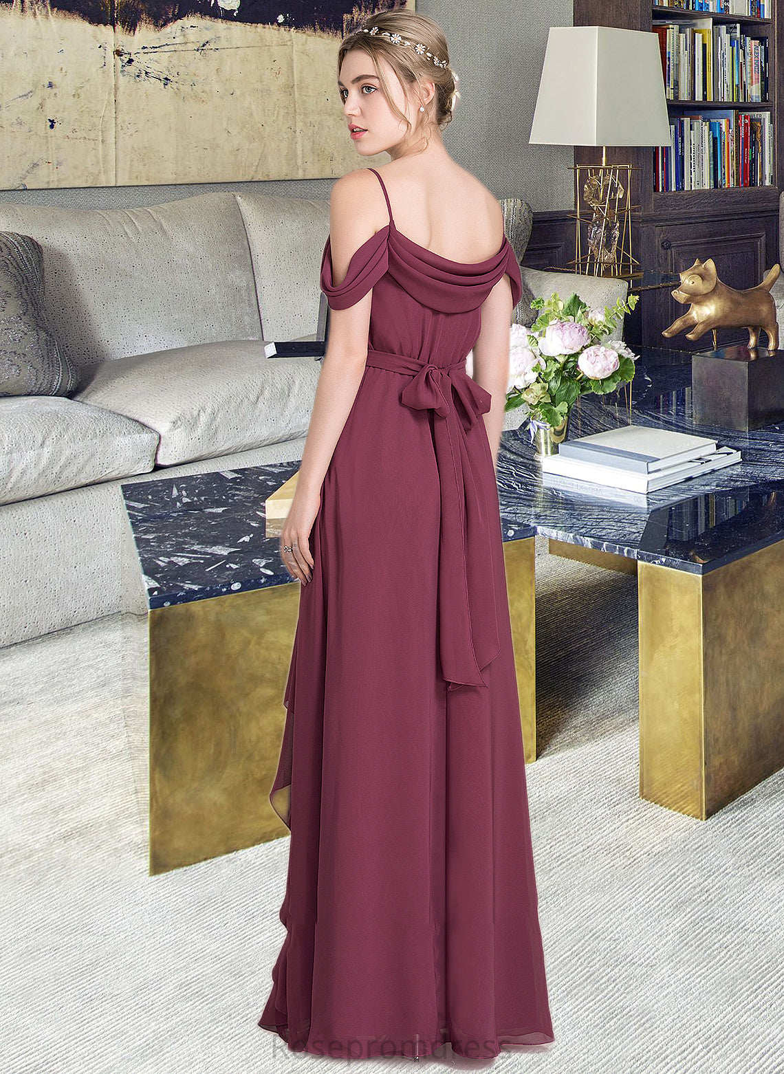 Adrianna A-Line V-neck Floor-Length Chiffon Bridesmaid Dress With Bow(s) Split Front Cascading Ruffles SRSP0013123