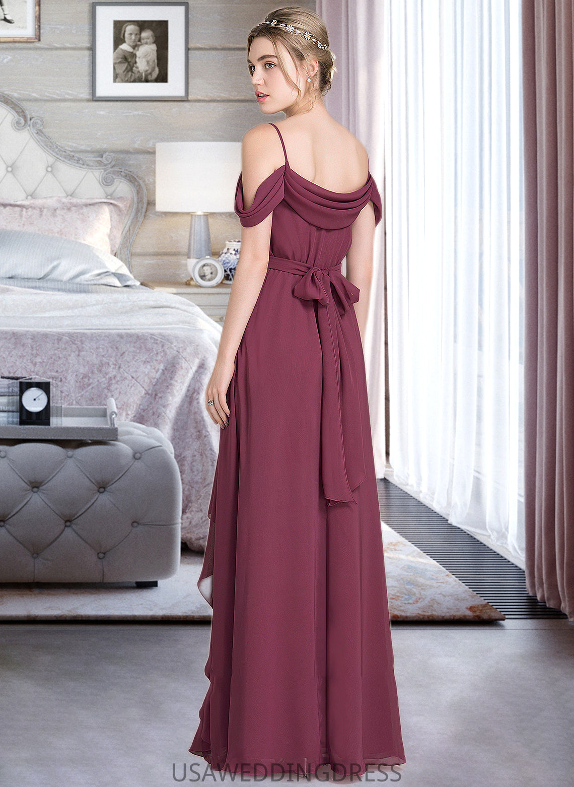 Henrietta A-Line V-neck Floor-Length Chiffon Bridesmaid Dress With Bow(s) Split Front Cascading Ruffles DSP0013123