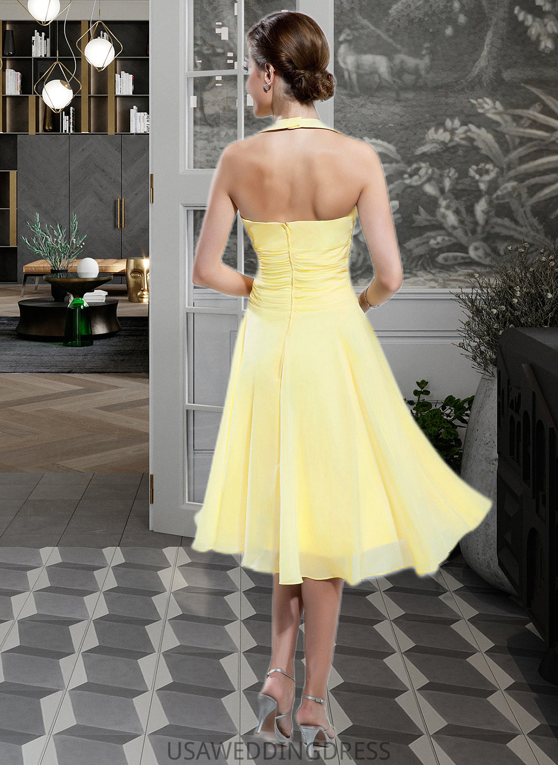 Anna Halter Empire Knee-length Chiffon Bridesmaid Dress With Ruffle Bow(s) DSP0013124