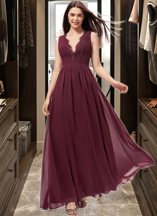 Reagan A-Line V-neck Floor-Length Chiffon Bridesmaid Dress With Ruffle Lace SRSP0013129
