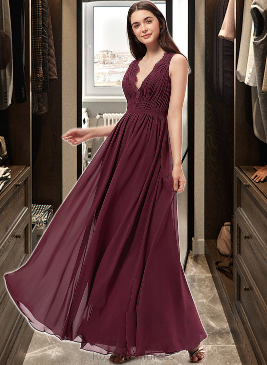 Reagan A-Line V-neck Floor-Length Chiffon Bridesmaid Dress With Ruffle Lace SRSP0013129