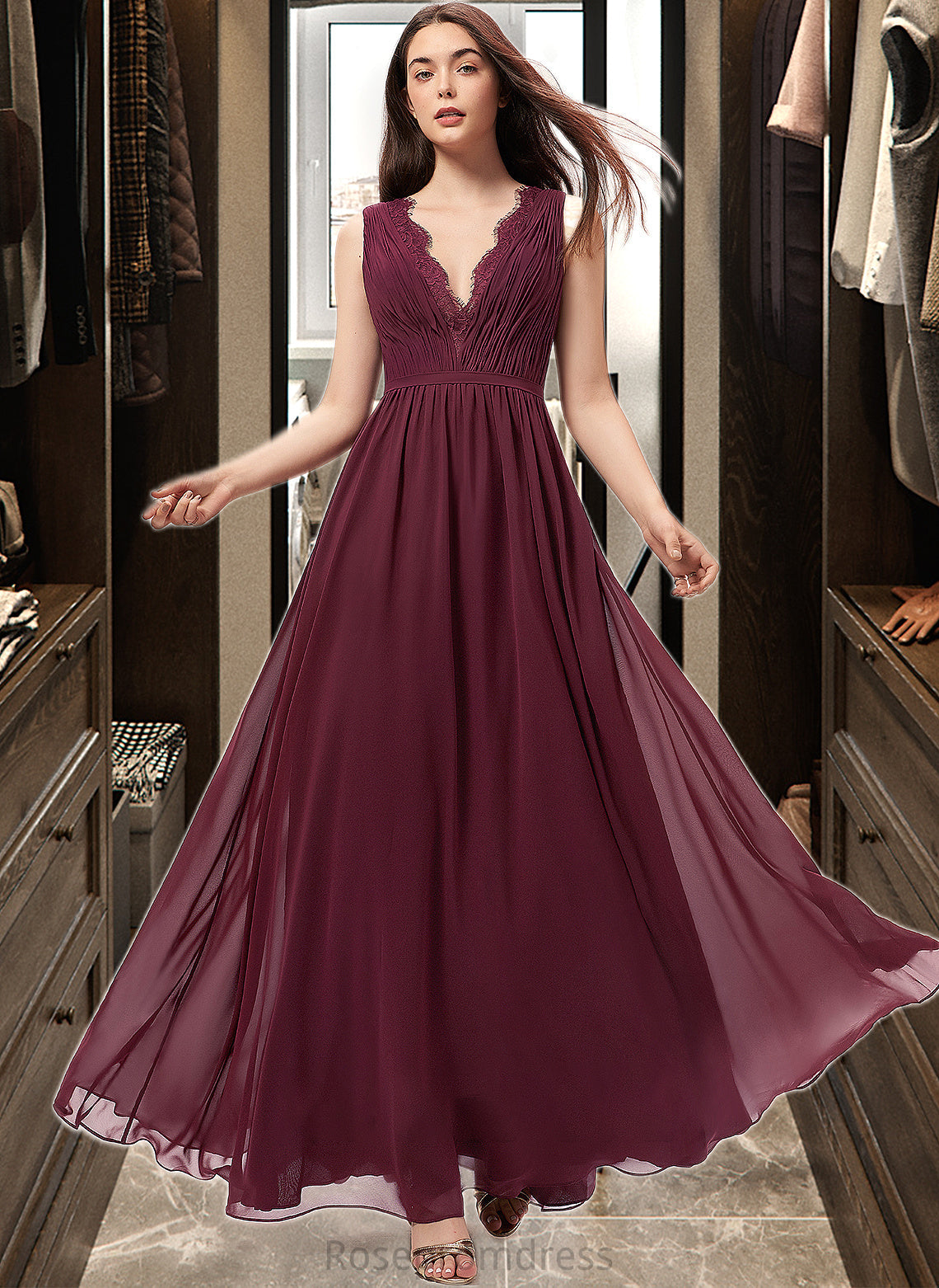Reagan A-Line V-neck Floor-Length Chiffon Bridesmaid Dress With Ruffle Lace SRSP0013129
